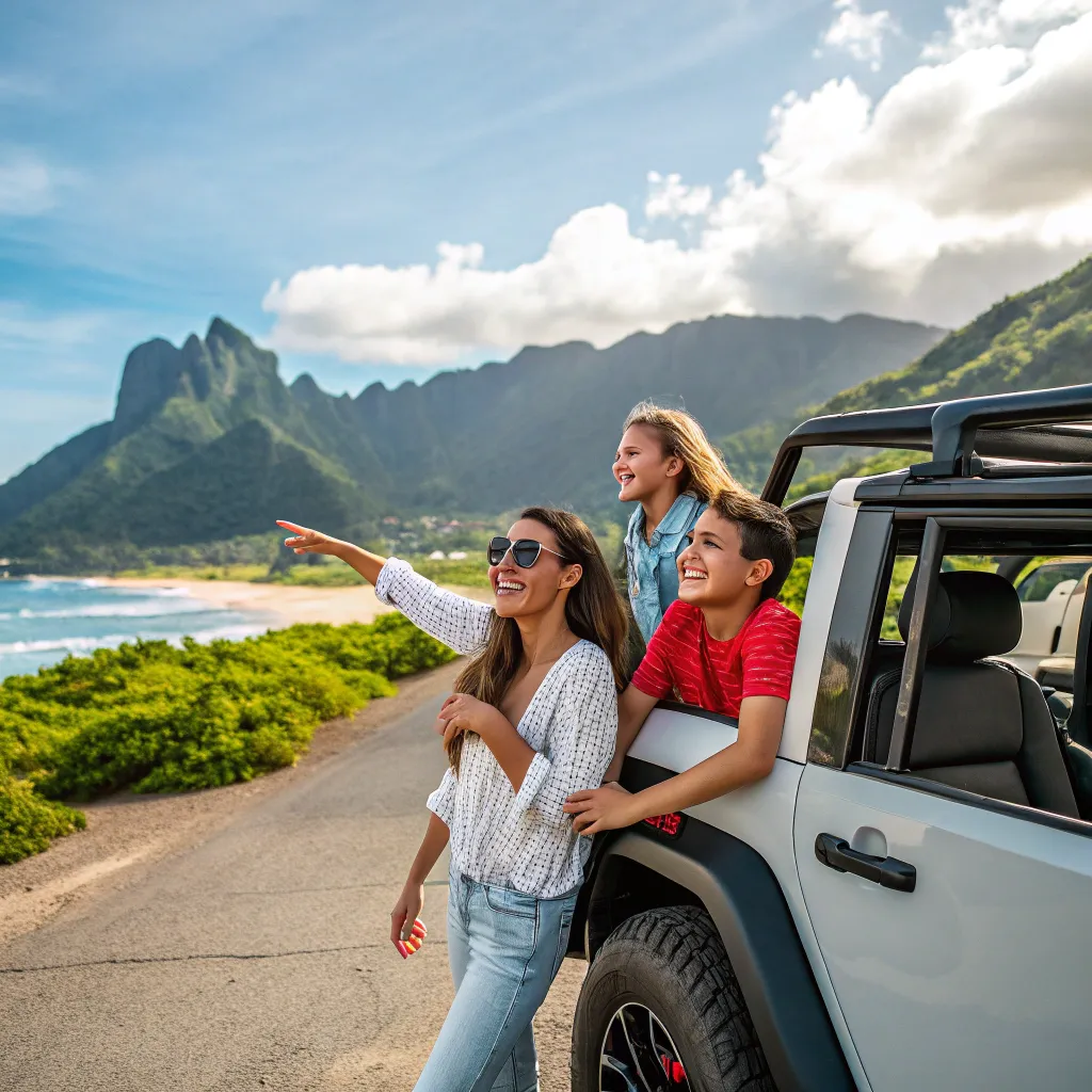 Family enjoying their vacation with a VALTHRONEXIS vehicle.